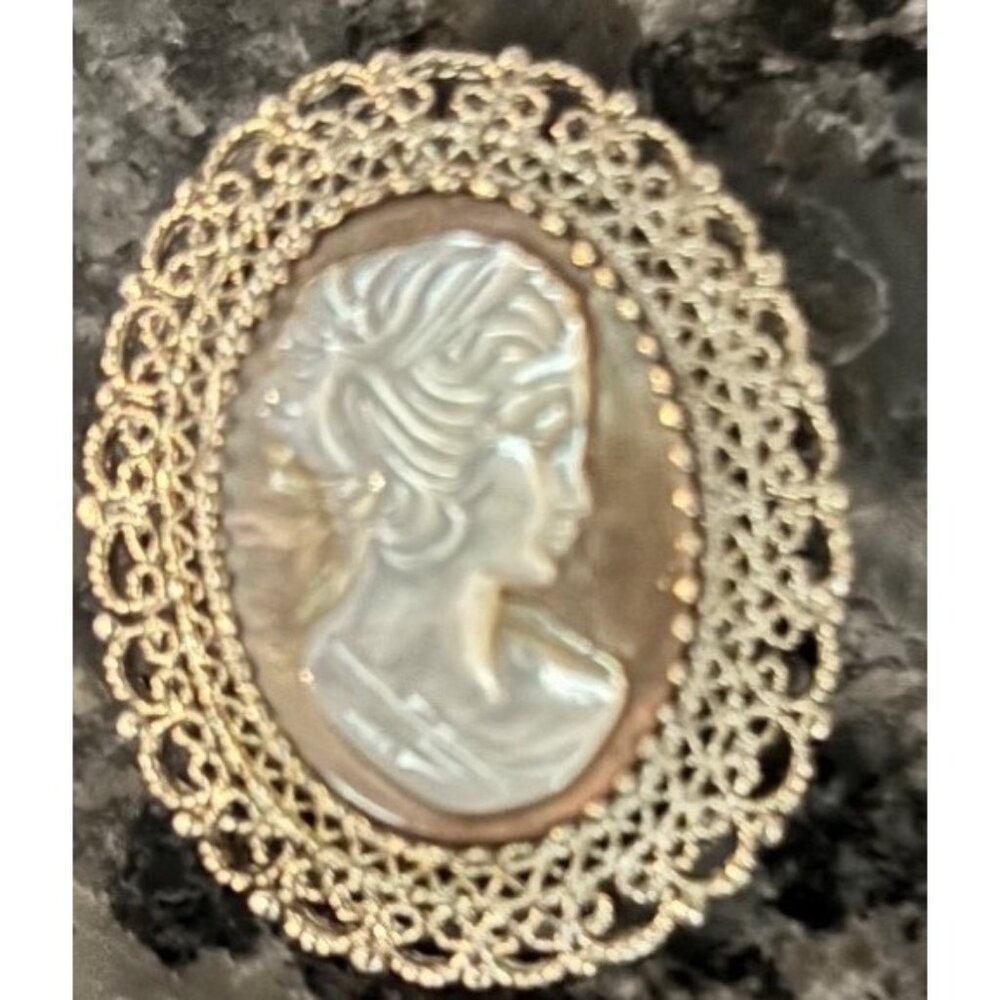 Vintage KL Sterling Silver Cameo Brooch Pin pendant Filigree Design